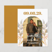 予算葉写真アーチ日付の保存招待状 (正面/裏面)