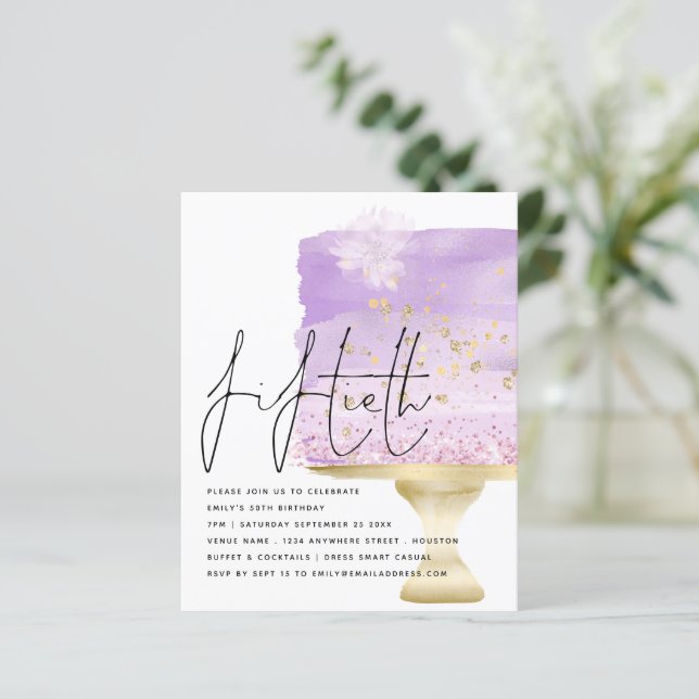 予算薄紫お誕生日ケーキ50番目のパーティー招待状 (スタンド正面)