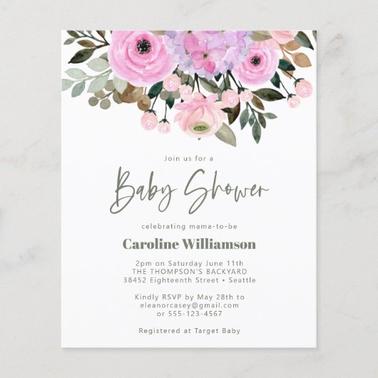 予算薄紫ピンクフローラかわいい赤ちゃんシャワー招待状 (正面)