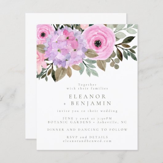 予算薄紫ピンクフローラブーケ結婚式の招待 (正面/裏面)