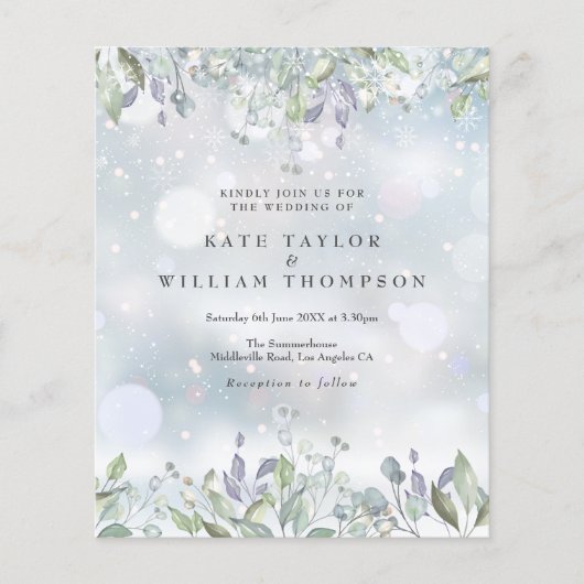 予算薄紫フローラ冬季ウェディング招待状 (正面)