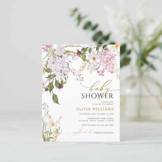 予算薄紫ワイルドフラワーベビーシャワー招待状 (スタンド正面)