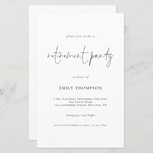 予算計画シンプルスクリプト除・売却パーティー招待状 (正面/裏面)