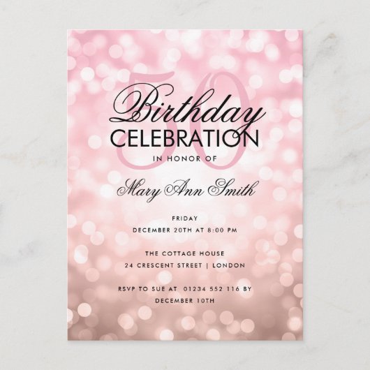 予算誕生日バラ金ゴールドスパークルライト招待状 ポストカード (正面)