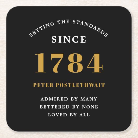 予算誕生日招待状ブラック金ゴールド任意の年 スクエアペーパーコースター (正面)