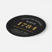 予算誕生日招待状ブラック金ゴールド任意の年 ペーパープレート (アングル)