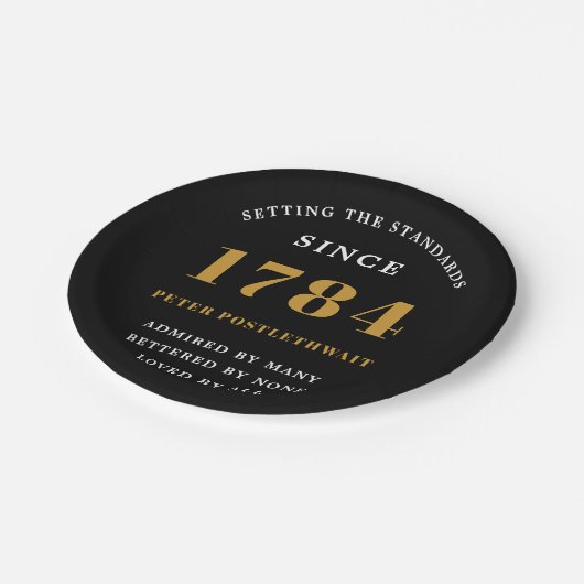 予算誕生日招待状ブラック金ゴールド任意の年 ペーパープレート (アングル)