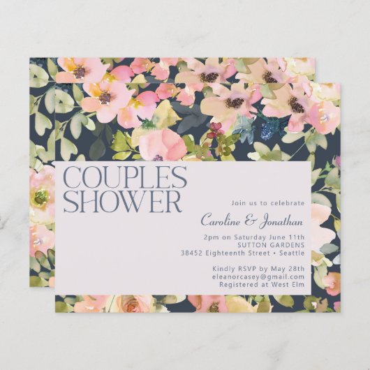 予算赤面ネイビーフローラカップルシャワー招待状 (正面/裏面)