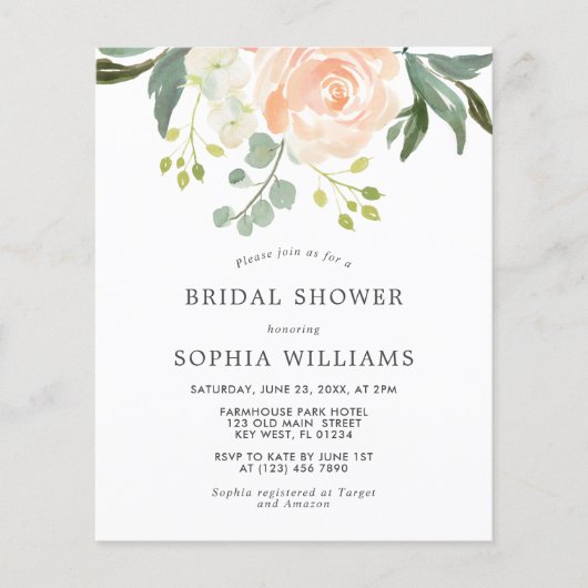 予算赤面バラ&グリーンブライダルシャワー招待 (正面)