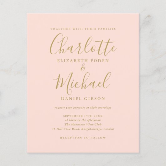 予算赤面ピンクと金ゴールド写真の結婚式の招待 (正面)
