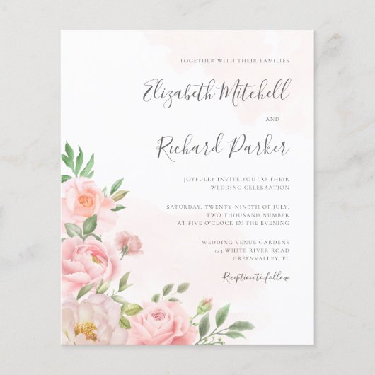 予算赤面ピンクウォーター色フローラ結婚式の招待 (正面)