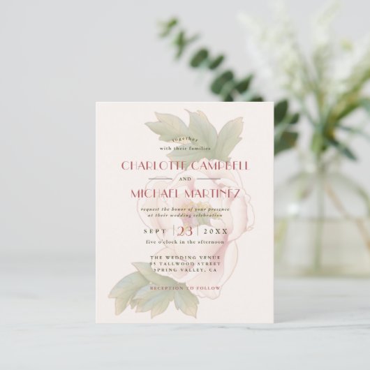 予算赤面ピンクピーニーフローラ結婚式招待状 (スタンド正面)