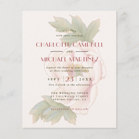 予算赤面ピンクピーニーフローラ結婚式招待状 (正面)