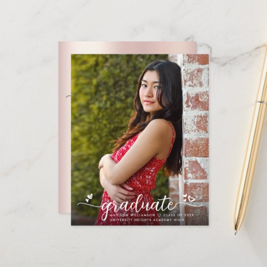 予算赤面ピンクフォト卒業スクリプト招待状 (正面/裏面インサイチュ)