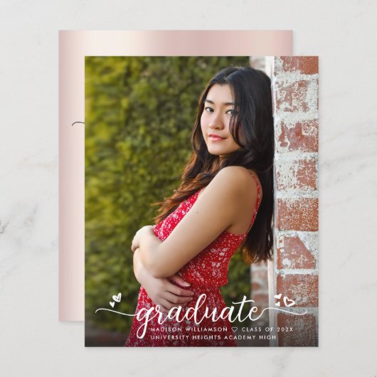 予算赤面ピンクフォト卒業スクリプト招待状 (正面/裏面)