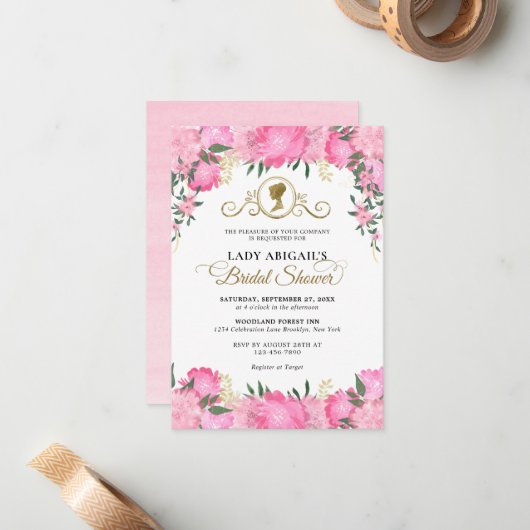 予算赤面ピンクフローラビクトリアンブライダルシャワー ノートカード (正面/裏面インサイチュ)