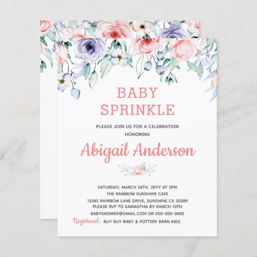 予算赤面ピンクフローラベビー散布招待状 (正面/裏面)