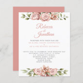 予算赤面ピンクフローラ紙結婚式招待状 (正面/裏面)