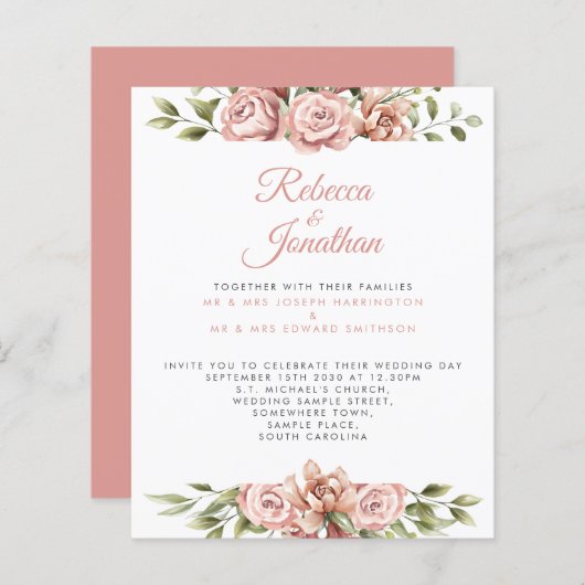 予算赤面ピンクフローラ紙結婚式招待状 (正面/裏面)