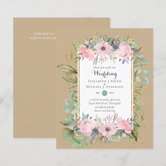 予算赤面ピンクフローラ結婚式招待状 (正面/裏面)