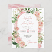 予算赤面ピンクローズアーチフローラ結婚式の招待 (正面/裏面)