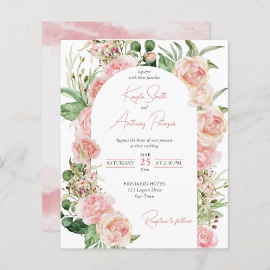 予算赤面ピンクローズアーチフローラ結婚式の招待 (正面/裏面)