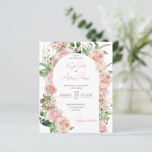 予算赤面ピンクローズアーチフローラ結婚式の招待 (スタンド正面)