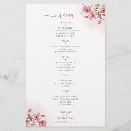 予算赤面ピンク結婚フローラのメニューフライヤー チラシ (正面)