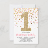 予算赤面ピンク金ゴールド紙吹雪ガール1st誕生日 ノートカード (正面)