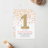 予算赤面ピンク金ゴールド紙吹雪ガール1st誕生日 ノートカード (正面/裏面インサイチュ)