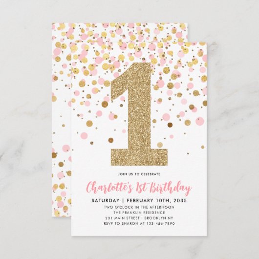 予算赤面ピンク金ゴールド紙吹雪ガール1st誕生日 ノートカード (正面/裏面)