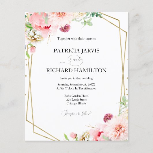 予算赤面フローラ幾何学的結婚式招待状 (正面)