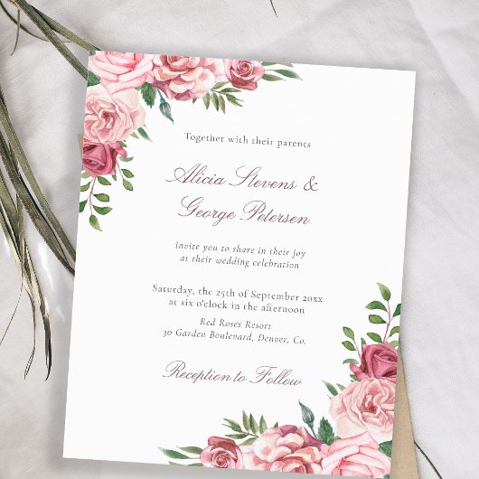 予算赤面ブルゴーニュフローラ結婚式招待状