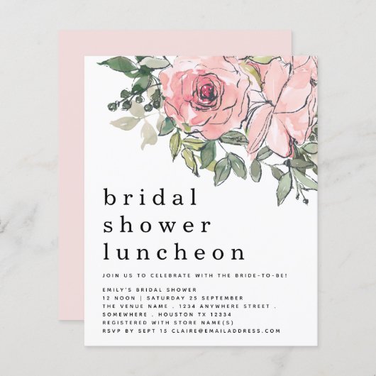 予算赤面花模様ブライダルシャワールンチョン招待状 (正面/裏面)