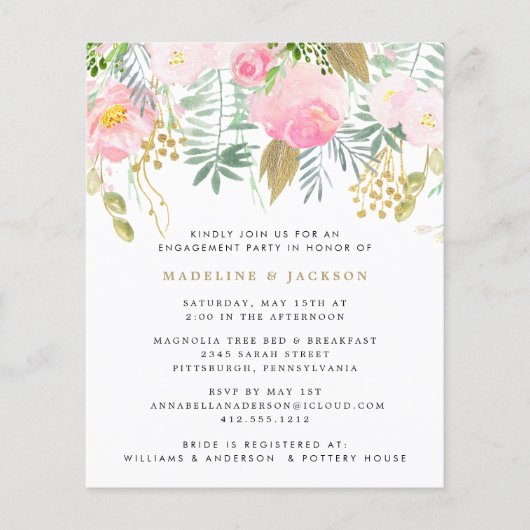 予算赤面金ゴールドフローラカップルシャワー招待状 (正面)