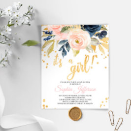 予算赤面、ネイビー&金ゴールドベビーシャワー招待状