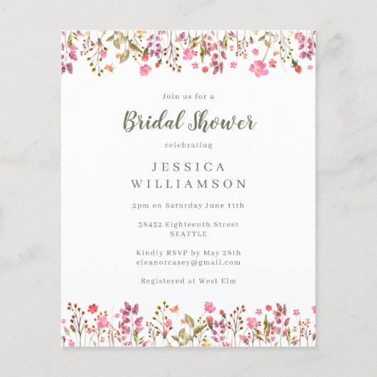予算重視のピンクの野の花の境界線付き ブライダルシャワー (正面)