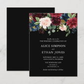 予算重視のボーホー ナビーブルー ワインレッド 花柄 ウェディング インビテーションポストカード (正面/裏面)