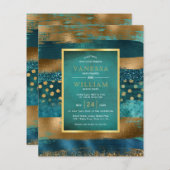 予算金ゴールドとティール（緑がかった色）ストローク結婚式招待状 (正面/裏面)
