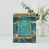 予算金ゴールドとティール(緑がかった色)ストローク結婚式招待状 (スタンド正面)