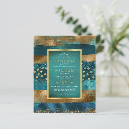 予算金ゴールドとティール（緑がかった色）ストローク結婚式招待状 (スタンド正面)