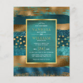 予算金ゴールドとティール(緑がかった色)ストローク結婚式招待状 (正面)