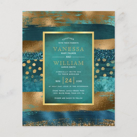 予算金ゴールドとティール（緑がかった色）ストローク結婚式招待状 (正面)