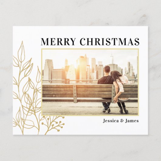 予算金ゴールドの葉の写真メリークリスマスカード (正面)