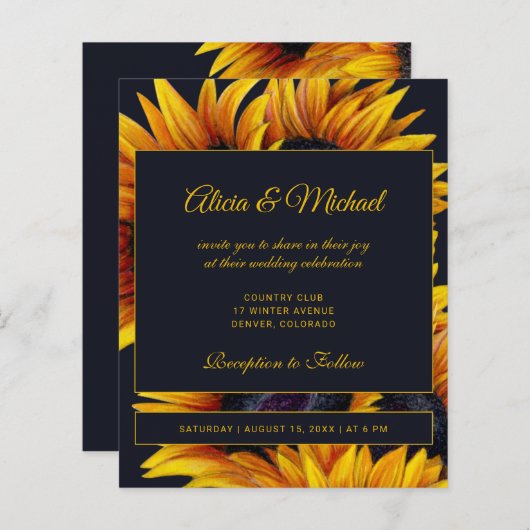 予算金ゴールドひまわりモダン結婚式招待状 (正面/裏面)