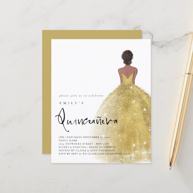 予算金ゴールドガウン女の子ダークヘアQRキンセアニラ (正面/裏面インサイチュ)