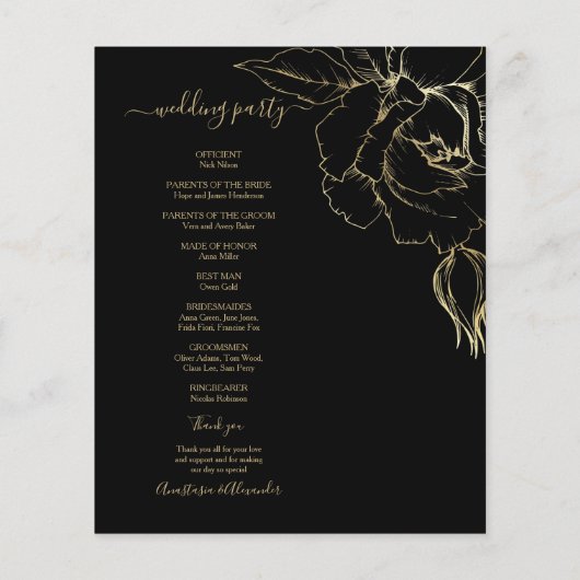 予算金ゴールドクラシック結婚式 プログラムカード。 チラシ (裏面)