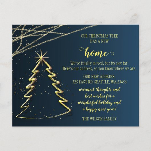 予算金ゴールドクリスマスツリー引っ越しましたカード (正面)