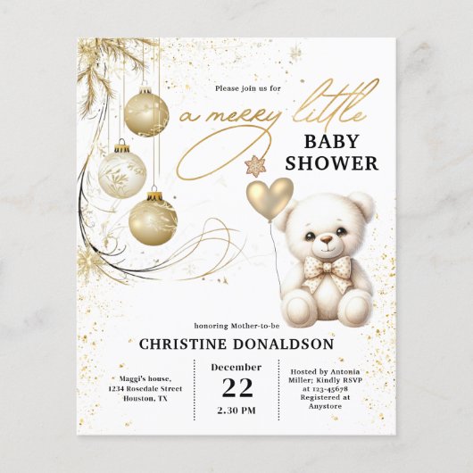予算金ゴールドクリスマスベビーシャワー招待状 (正面)