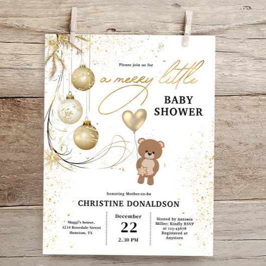 予算金ゴールドクリスマスベビーシャワー招待状